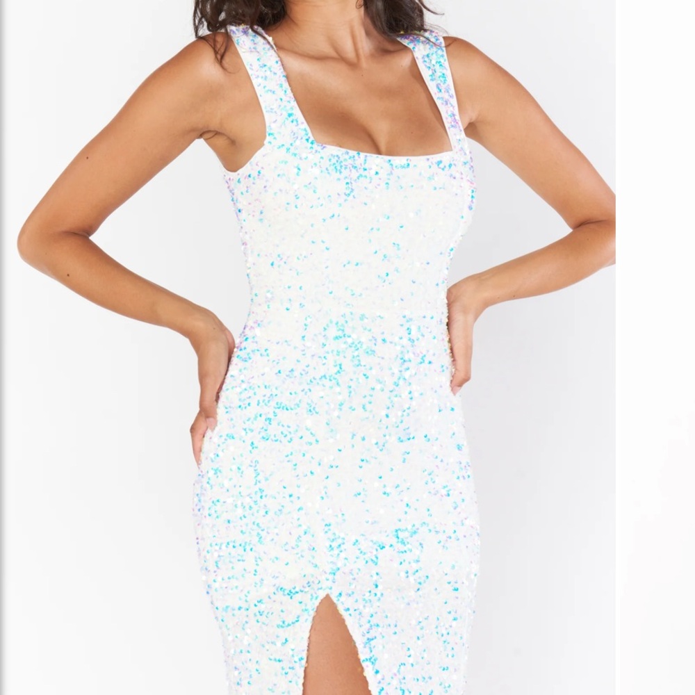 Show me your mumu, sequin white bridal dress with blue sequins Eden mini dress
